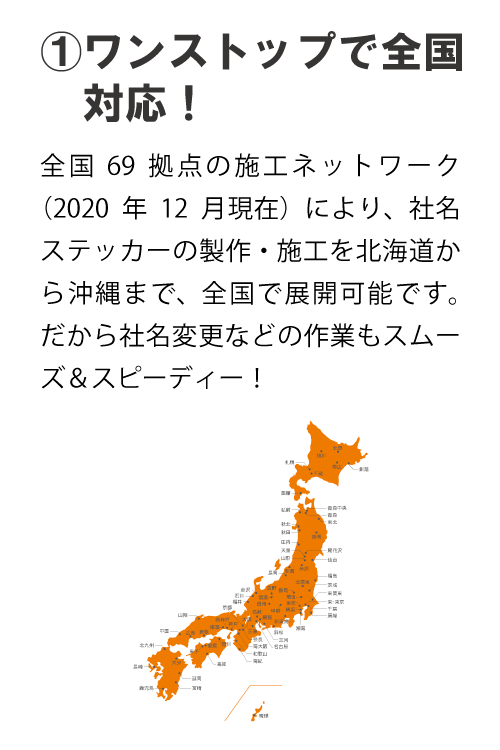 ①ワンストップで全国対応！　全国69拠点の施工ネットワーク（2020年12月現在）により、 社名ステッカーの製作・施工を北海道から沖縄まで、全国で展開 可能です。だから社名変更などの作業もスムーズ＆スピーディー！